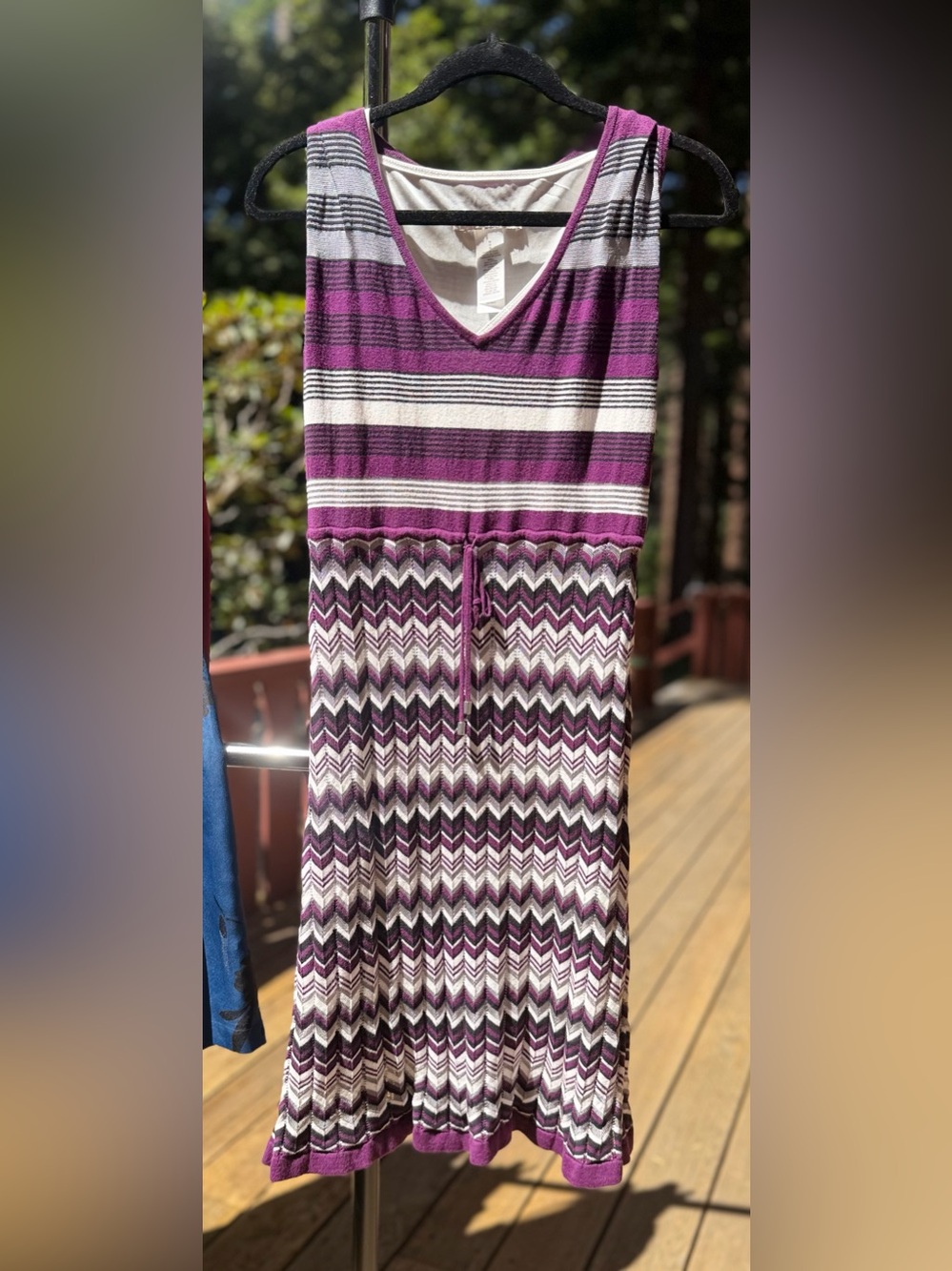 Sleeveless V-Neck Striped & Chevron Knit Dress in Purple and White size Medium